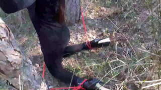 ���রা উপর হিল মডেল, বোন, কালো, পোশাক, এবং, উচ্চ, হিল,, আবদ্ধ, এবং ছদ্মবেশী একটি কাঠ স্তন্যপান করতে একটি চাইনিজ পুরুষ.